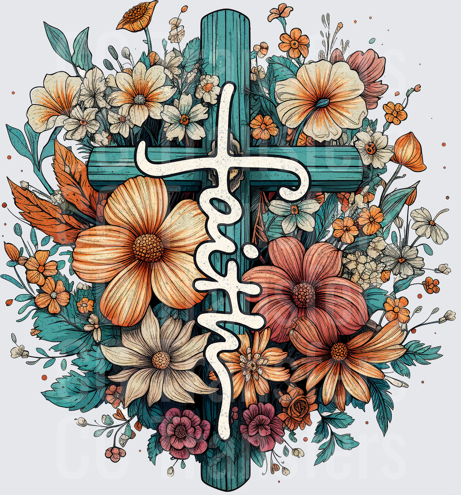 Teal Wooden Cross Floral Bouquet Faith Script (DTF)