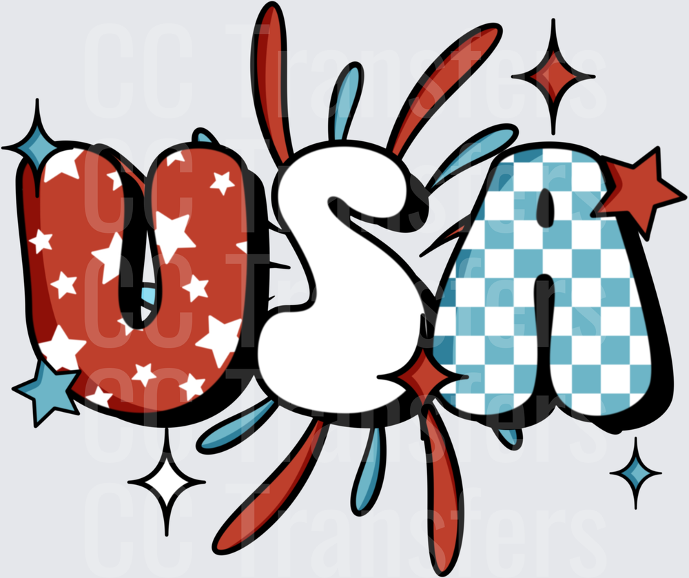 Groovy USA Bubble Letters Stars Checkered Patriotic (DTF)
