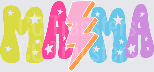 Mama Retro Groovy Bubble Letters Lightning Bolt Stars (DTF)