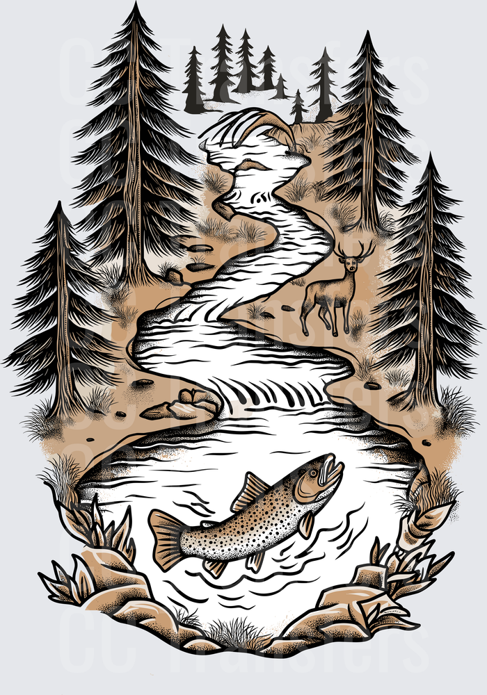 Jumping Trout Forest River Stream Deer Pine Trees (DTF)