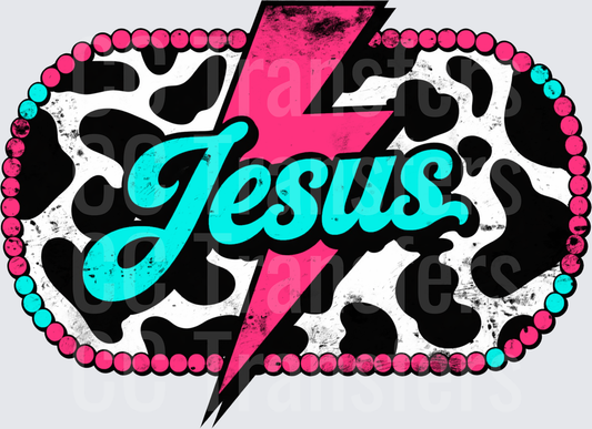 Jesus Cow Print Lightning Bolt Beaded Oval Distressed (DTF)