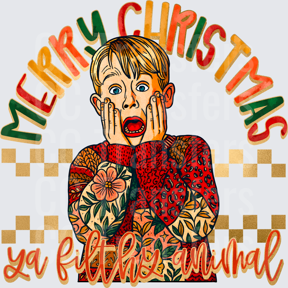 Merry Christmas Ya Filthy Animal Shocked Boy Floral (DTF)