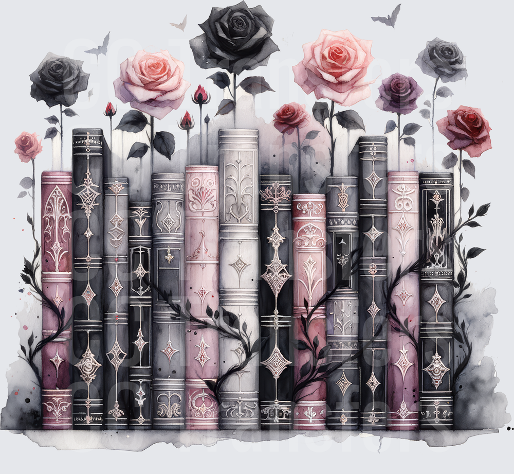 Gothic Ornate Books Black Pink Roses Bats Watercolor (DTF)