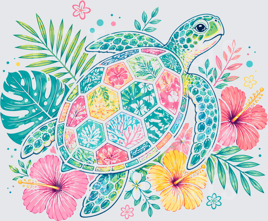 Colorful Tropical Sea Turtle Floral Patchwork Shell (DTF)