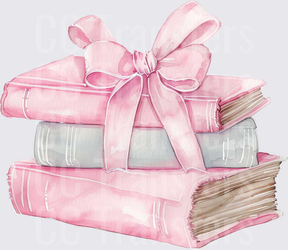 Watercolor Stacked Books Pink Bow Coquette (DTF)