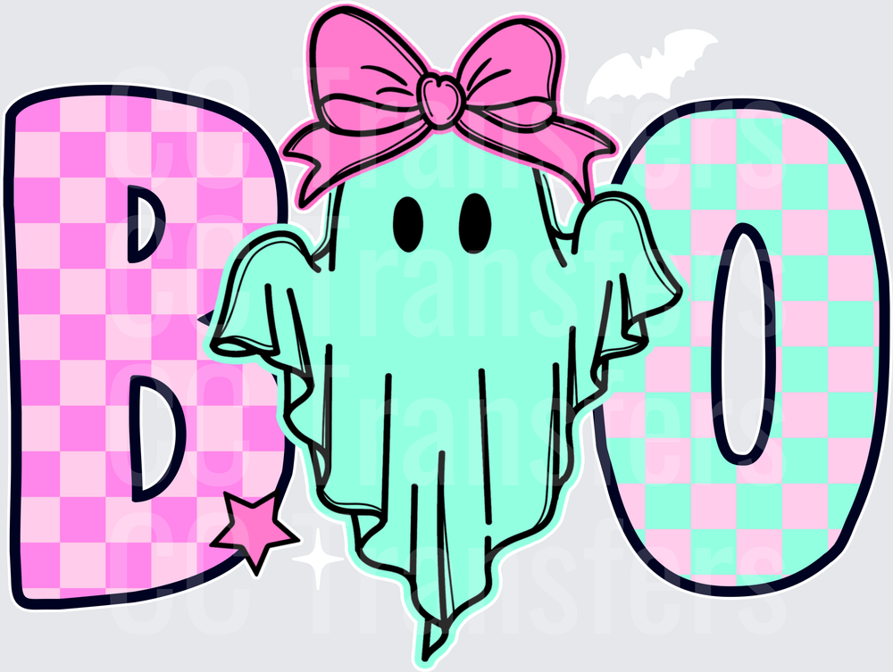 Pastel Checkered BOO Ghost with Pink Bow Halloween (DTF)