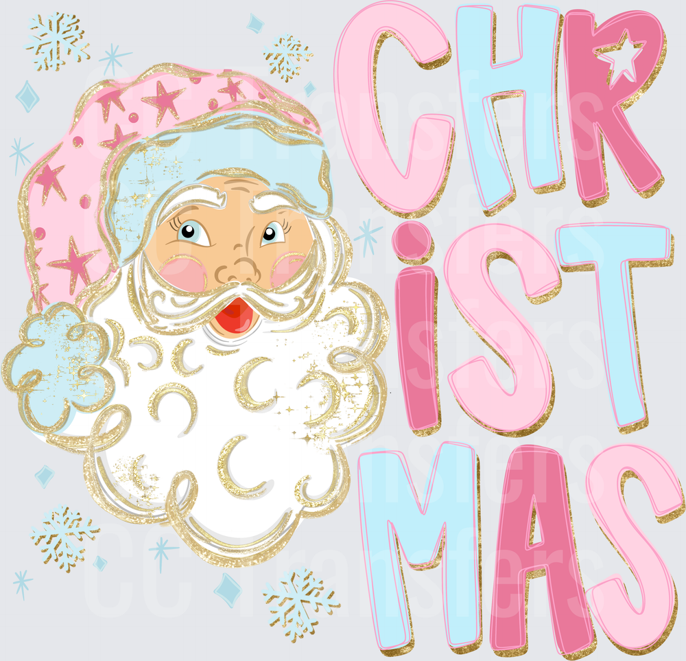 Pastel Pink Blue Retro Santa Claus Christmas Text (DTF)