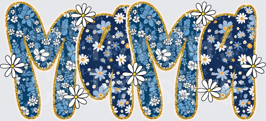 Floral Navy Blue Mama Gold Glitter Daisy Letters (DTF)