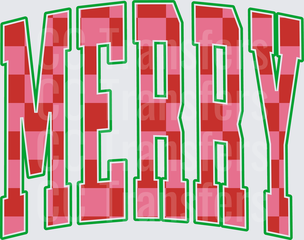 Merry Arched Varsity Letters Red Pink Checker Green Outline (DTF)