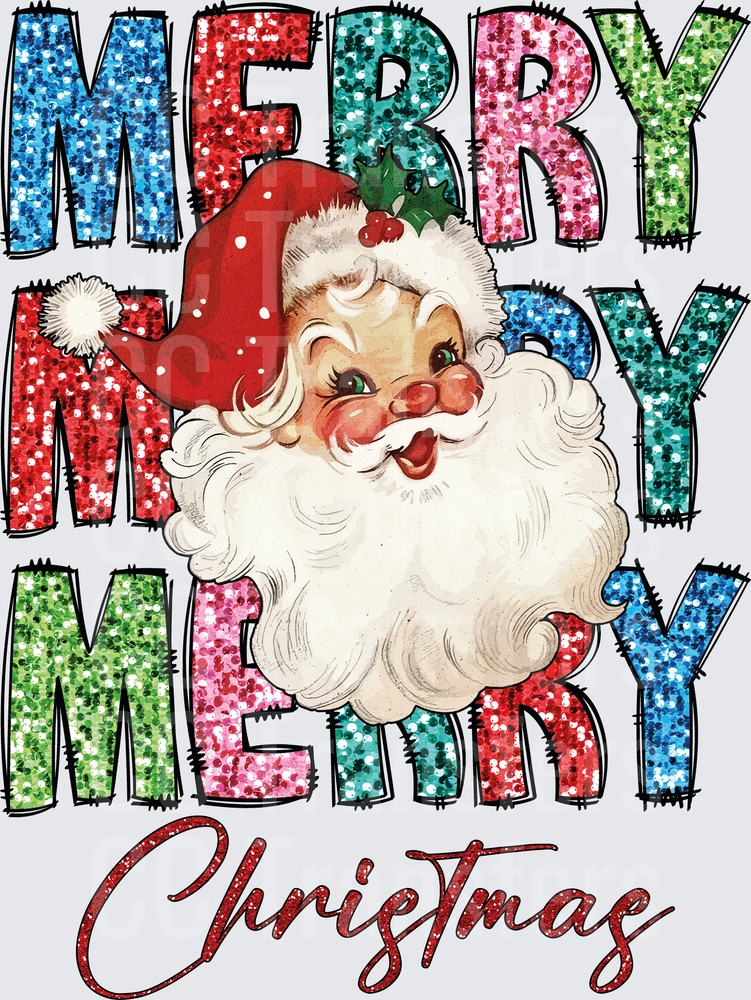 Retro Santa Merry Merry Merry Christmas Glitter Text (DTF)