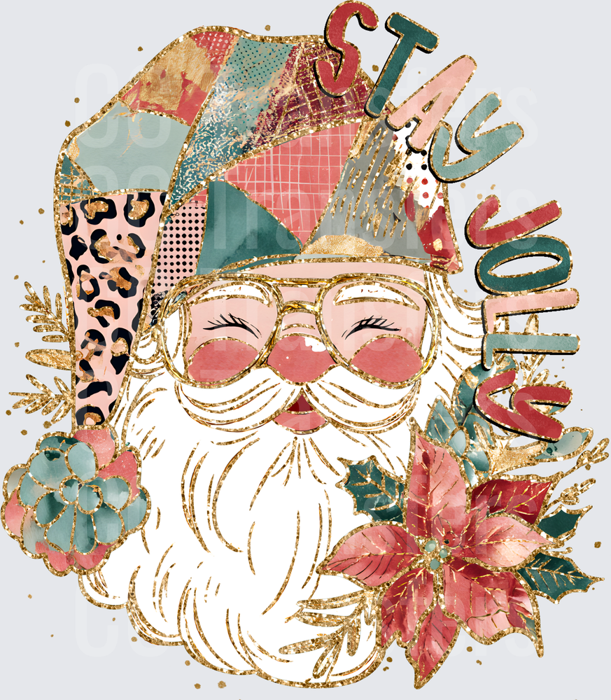 Stay Jolly Boho Santa Claus Gold Glitter Floral (DTF)