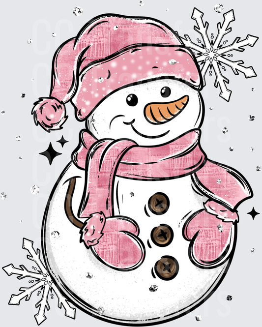 Cute Pink Santa Hat Snowman with Snowflakes (DTF)