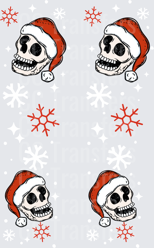 Grinning Skull Santa Hat Red Snowflakes Pattern (DTF)