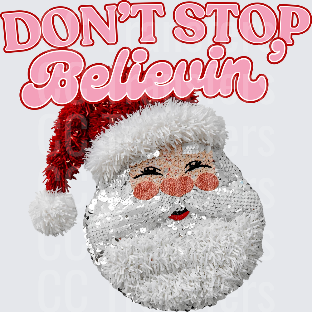 Don't Stop Believin Sequin Santa Claus Christmas (DTF)