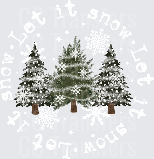 Three Snow-Dusted Winter Pine Trees with Snowflakes (DTF)