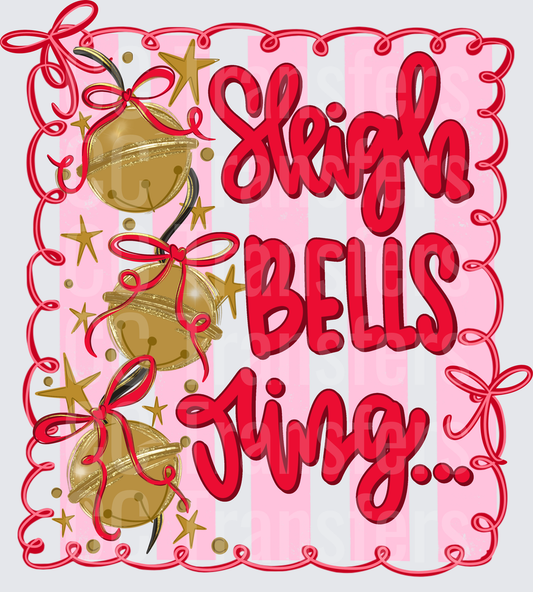 Sleigh Bells Ring Gold Jingle Bells Pink Stripe (DTF)