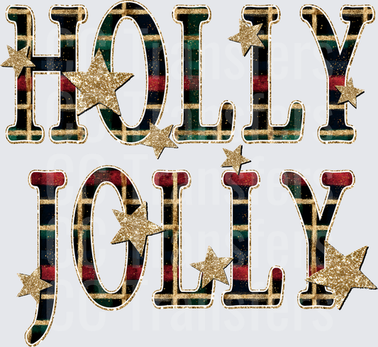 Holly Jolly Plaid Gold Glitter Stars Christmas (DTF)