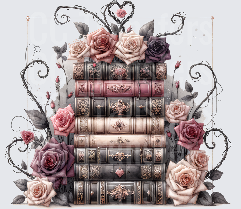 Gothic Floral Stacked Books with Roses and Thorned Vines (DTF)