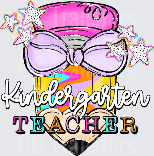 Kindergarten Teacher Pencil Bow Stars Colorful (DTF)