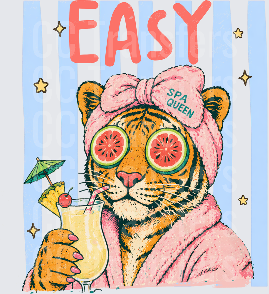 Easy Spa Queen Tiger in Pink Robe with Fruit Eye Slices (DTF)