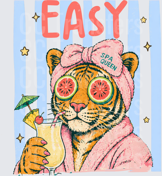 Easy Spa Queen Tiger in Pink Robe with Fruit Eye Slices (DTF)