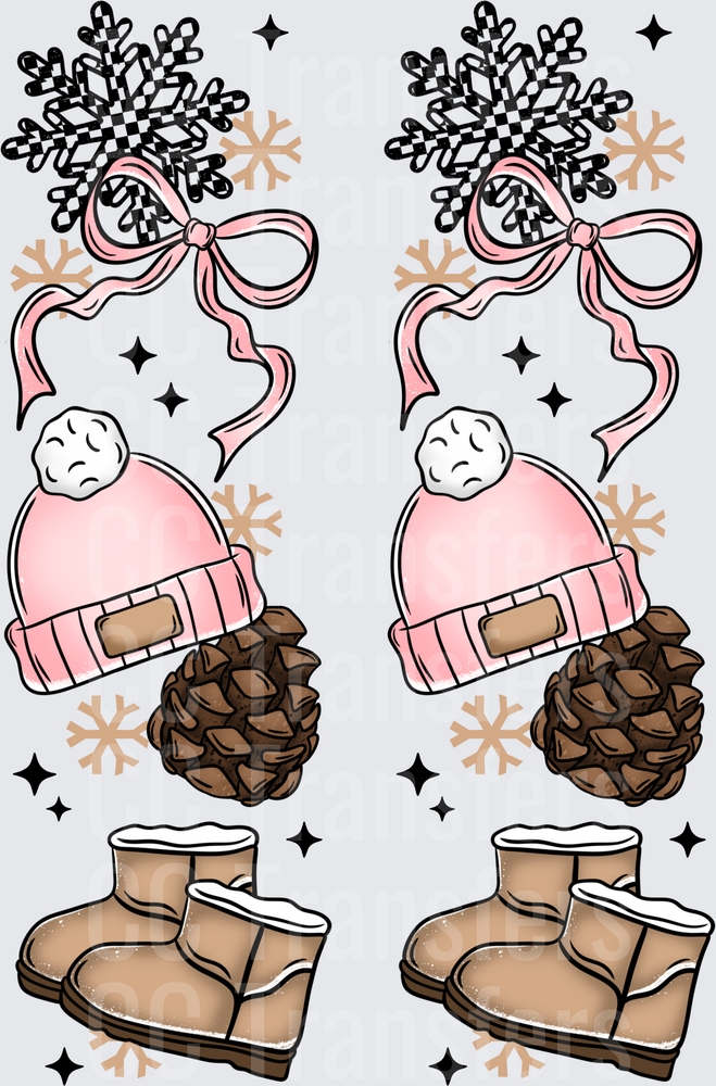 Cozy Winter Stack Pink Beanie Snowflake Pine Cone Boots (DTF)