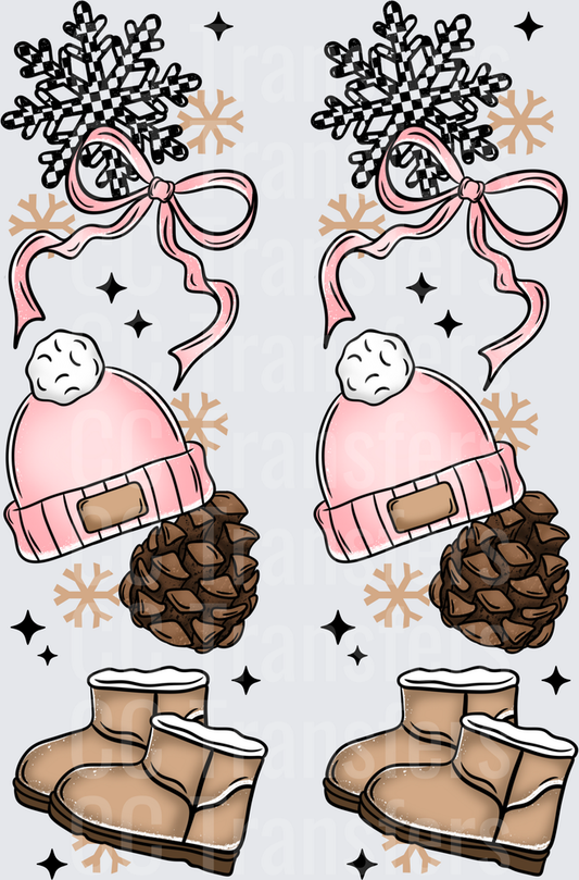 Cozy Winter Stack Pink Beanie Snowflake Pine Cone Boots (DTF)