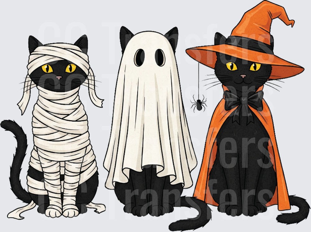 Three Black Cats in Halloween Costumes Mummy Ghost Witch (DTF)