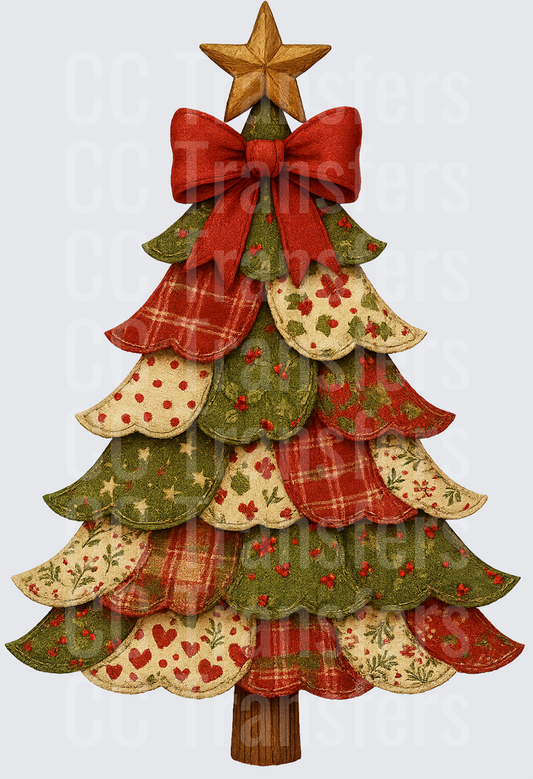 Patchwork Fabric Christmas Tree with Red Bow and Star (DTF)