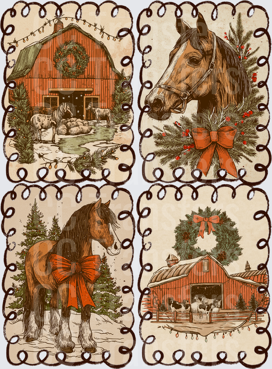 Vintage Christmas Farm Horse Barn Holiday Set (DTF)