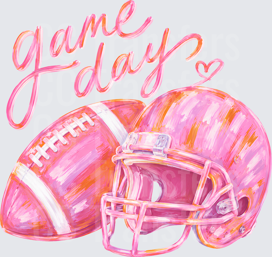 Game Day Pink Orange Football Helmet Heart Script (DTF)