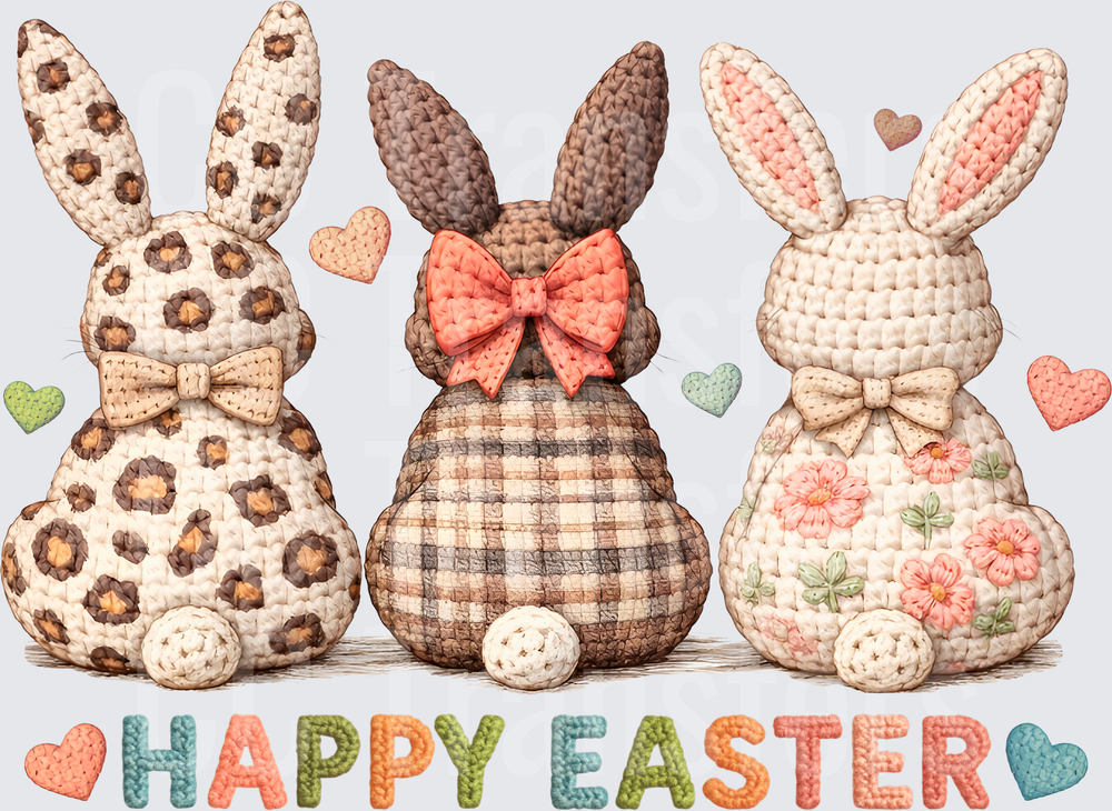 Happy Easter Crochet Bunnies Trio with Bows (DTF)