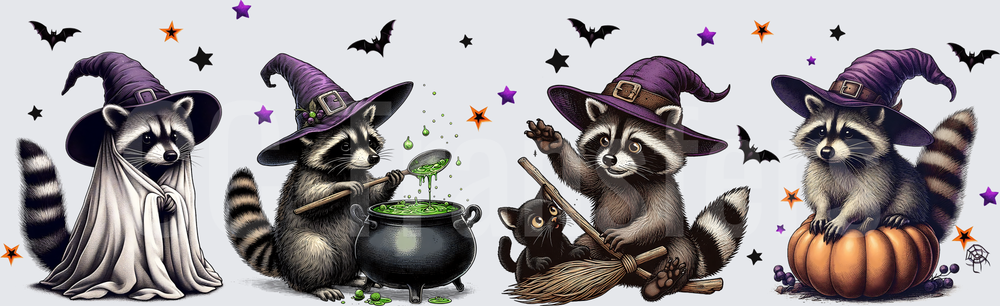 Halloween Witch Raccoon Quartet with Bats and Stars (DTF)