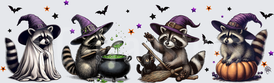 Halloween Witch Raccoon Quartet with Bats and Stars (DTF)