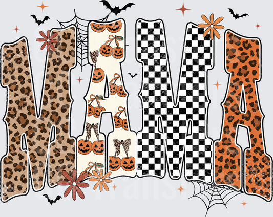 Halloween Mama Leopard Checkered Pumpkin Bats Design (DTF)