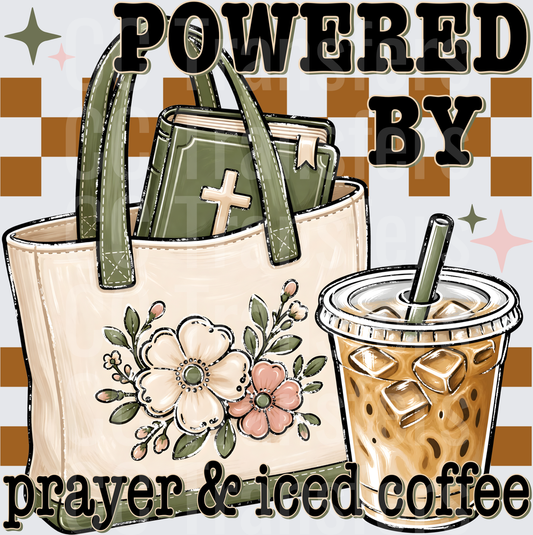 Powered By Prayer & Iced Coffee Floral Bible Tote (DTF)