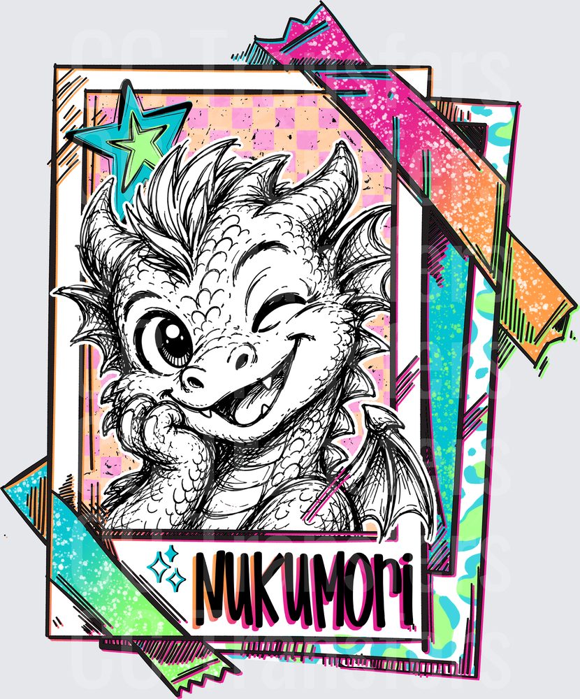 Cute Baby Dragon Winking Trading Card Retro Pop Art (DTF)