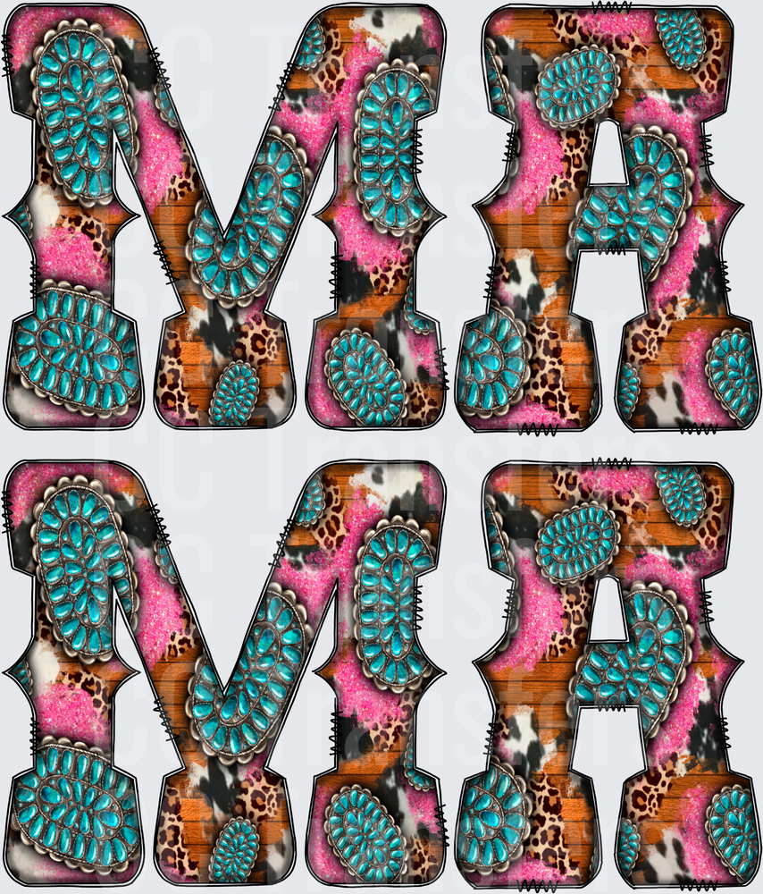 MAMA Western Turquoise Squash Blossom Leopard Cowhide (DTF)
