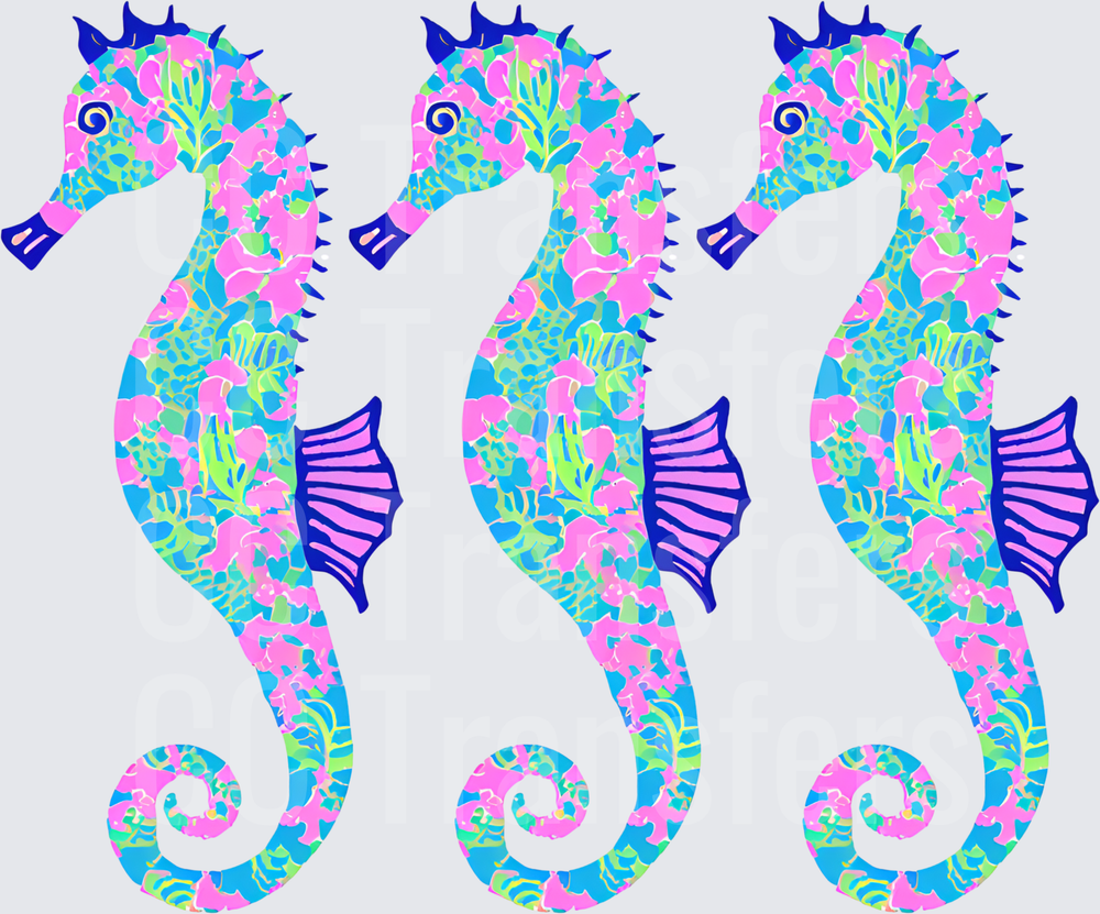 Trio of Colorful Floral Patterned Seahorses (DTF)