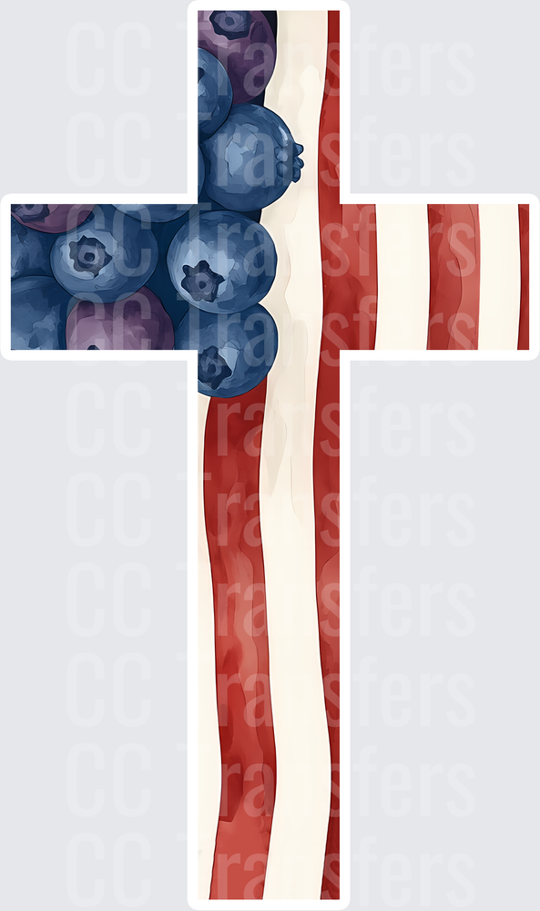 Patriotic American Flag Cross with Blueberries Watercolor (DTF)