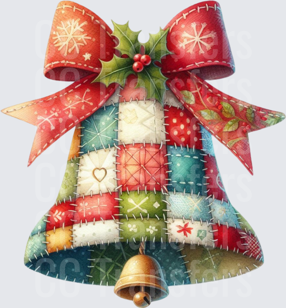 Patchwork Quilt Christmas Bell with Red Bow and Holly (DTF)