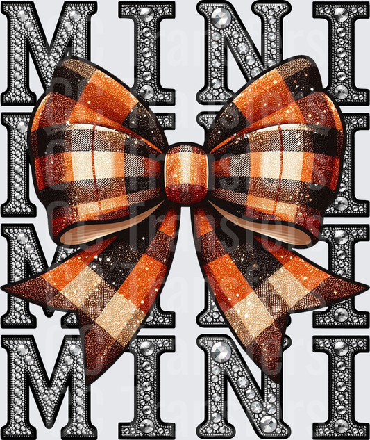 Mini Rhinestone Letters Orange Black Plaid Glitter Bow (DTF)