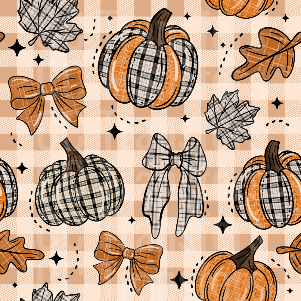 Fall Plaid Pumpkins Bows Leaves Seamless Pattern (DTF)