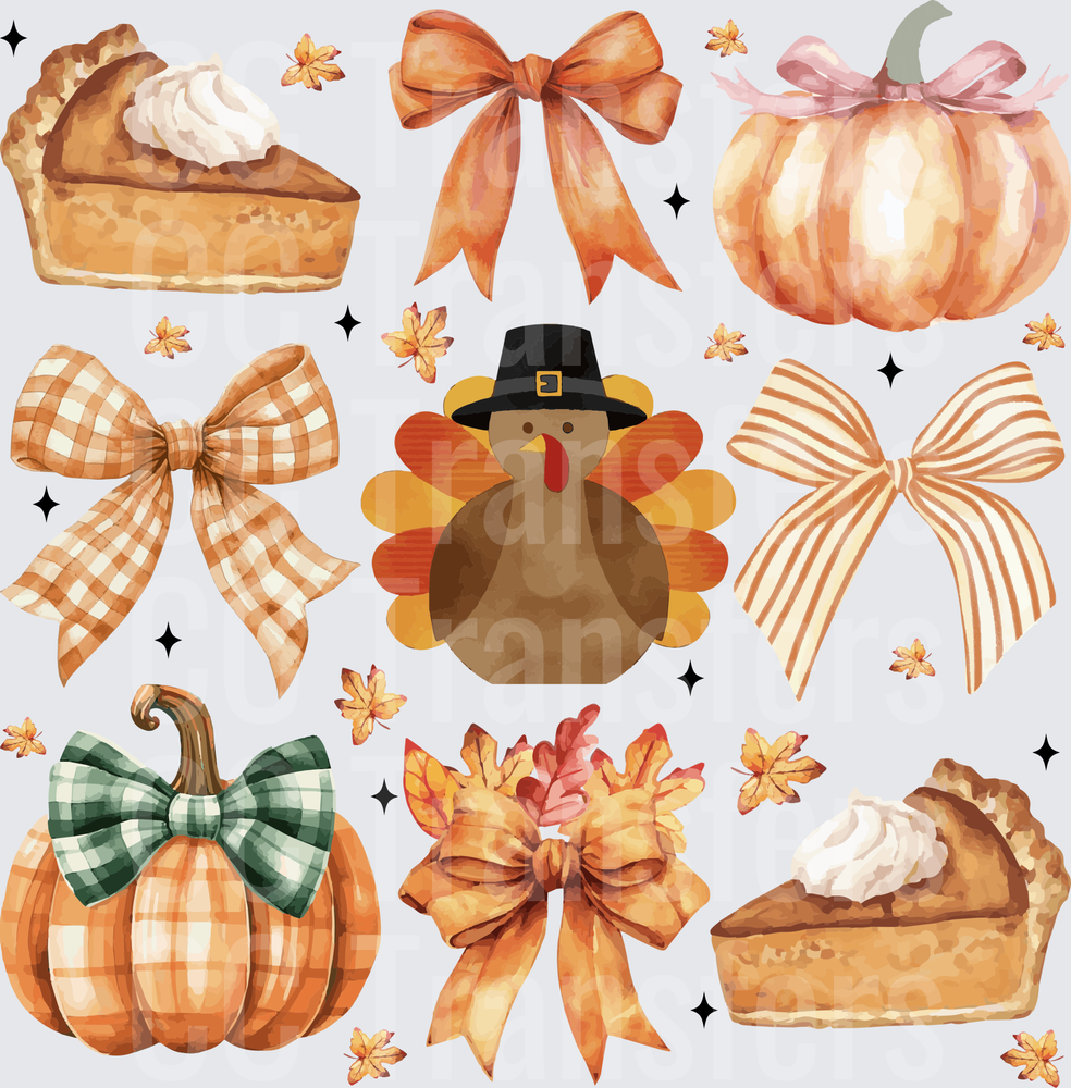 Watercolor Thanksgiving Turkey Pumpkins Pies Bows (DTF)