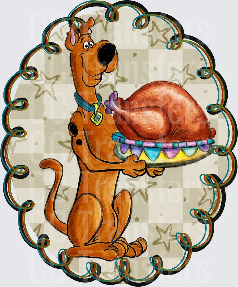 Cartoon Brown Dog Holding Thanksgiving Turkey Platter (DTF)