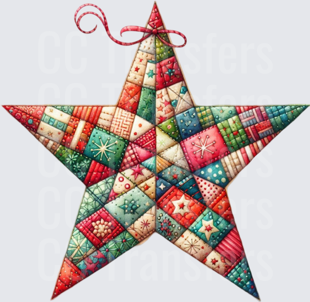 Patchwork Quilted Christmas Star Ornament with Red Bow (DTF)