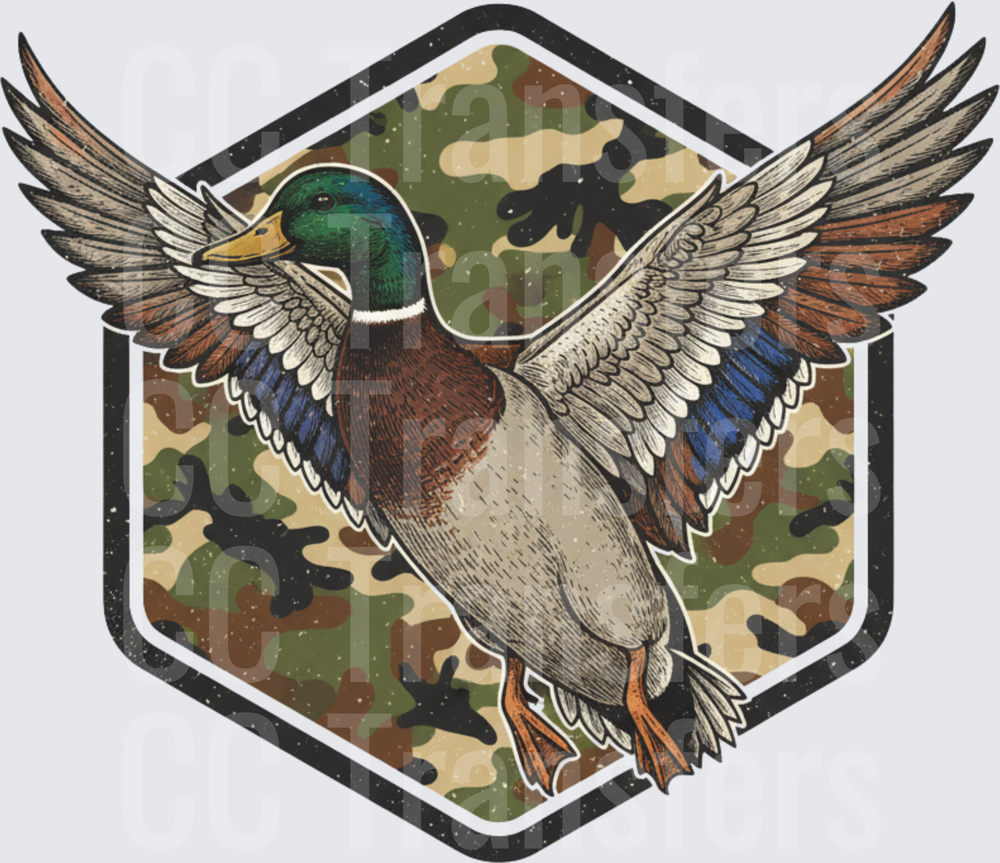 Mallard Duck Wings Spread Camo Hexagon Badge (DTF)