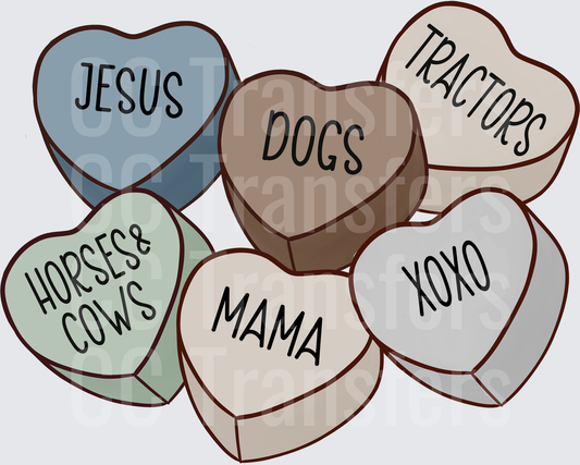 Country Valentine Candy Hearts Jesus Dogs Mama XOXO (DTF)