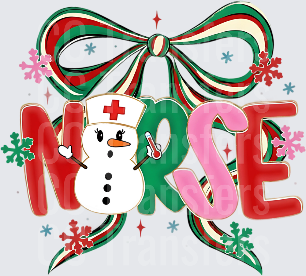 Christmas Nurse Snowman with Holiday Bow and Snowflakes (DTF)