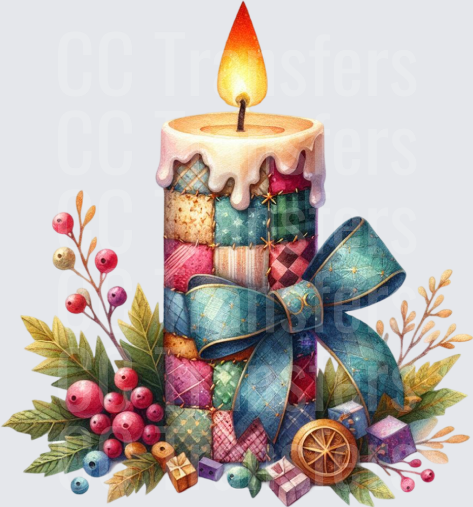 Watercolor Patchwork Christmas Candle with Berries (DTF)